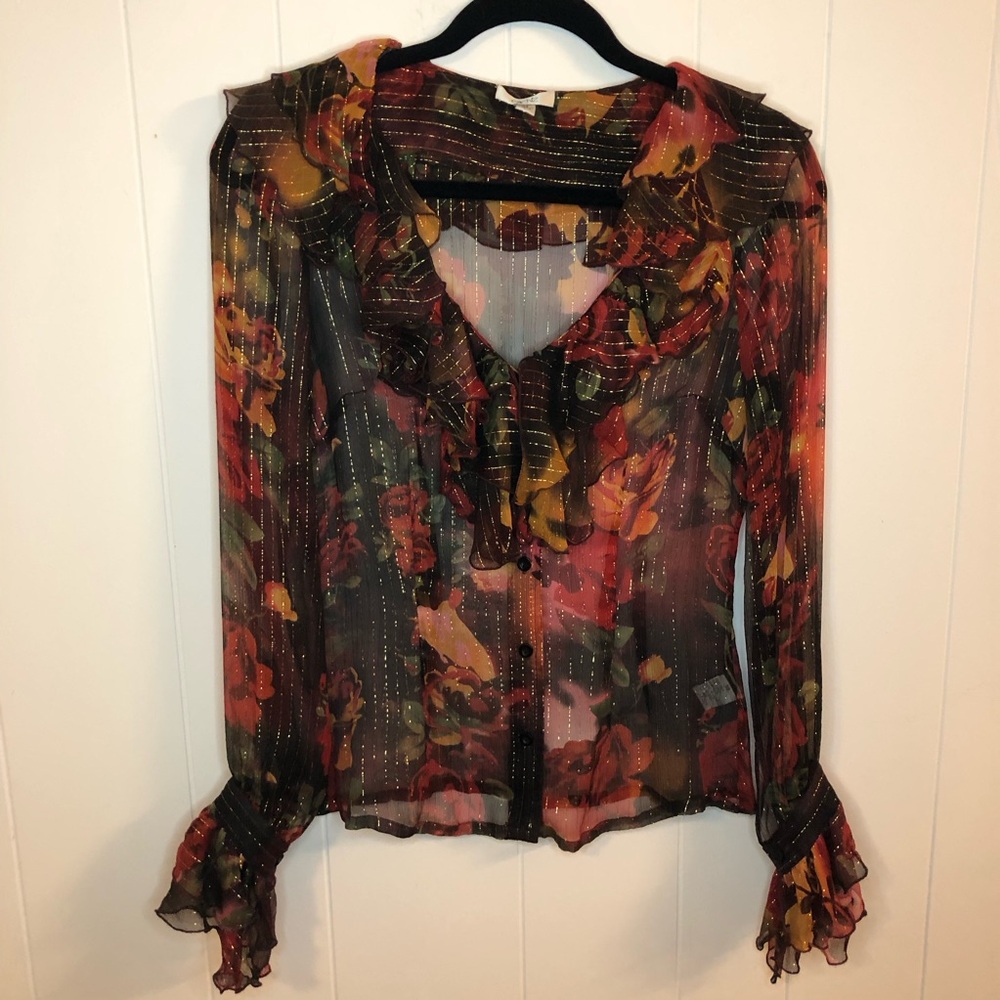 Cache Foliage Colors Sheer Floral Ruffle Blouse with Metallic Stripe XS